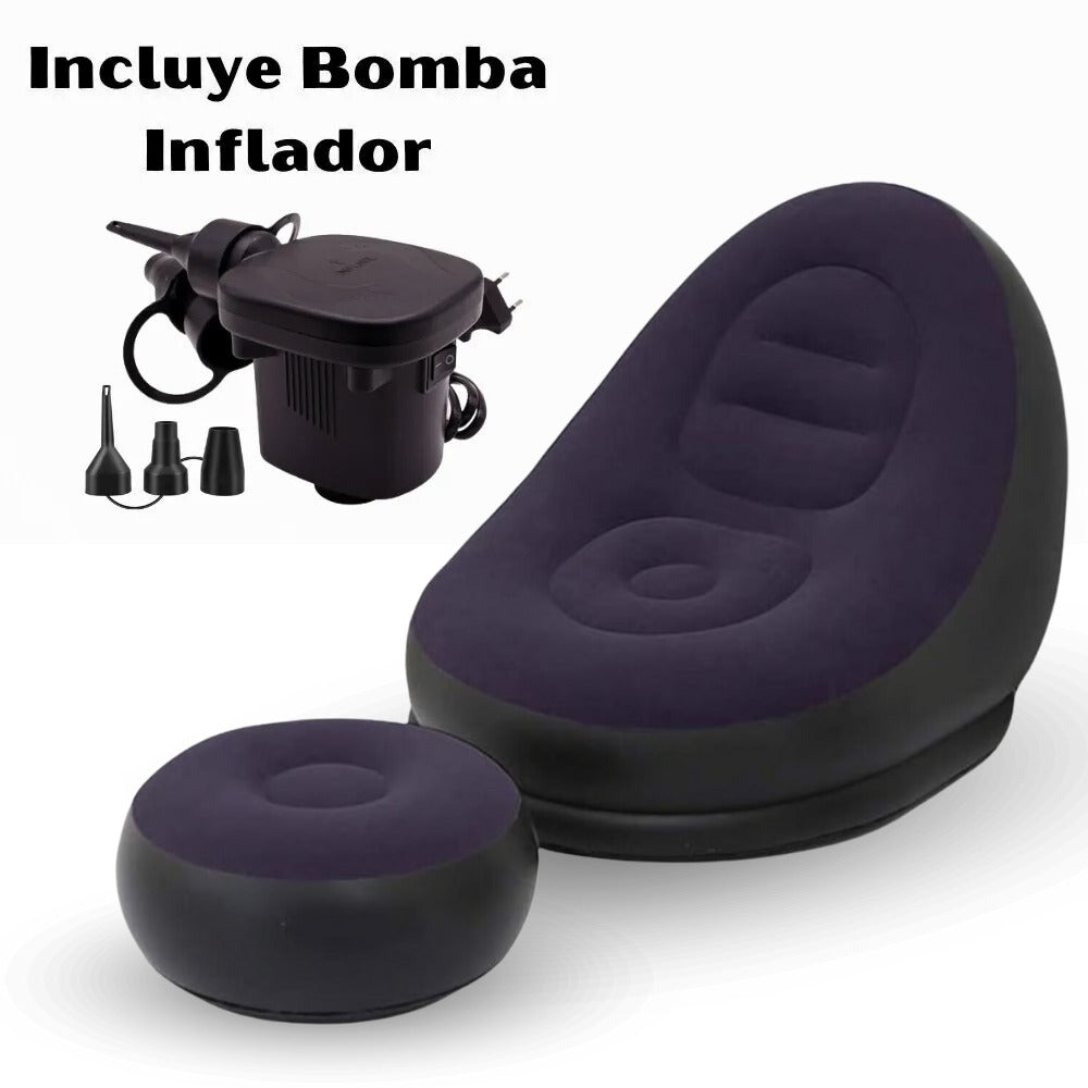 Sofa Sillon Inflable Con Posapies Portatil + Bomba Inflador Azul Oscuro